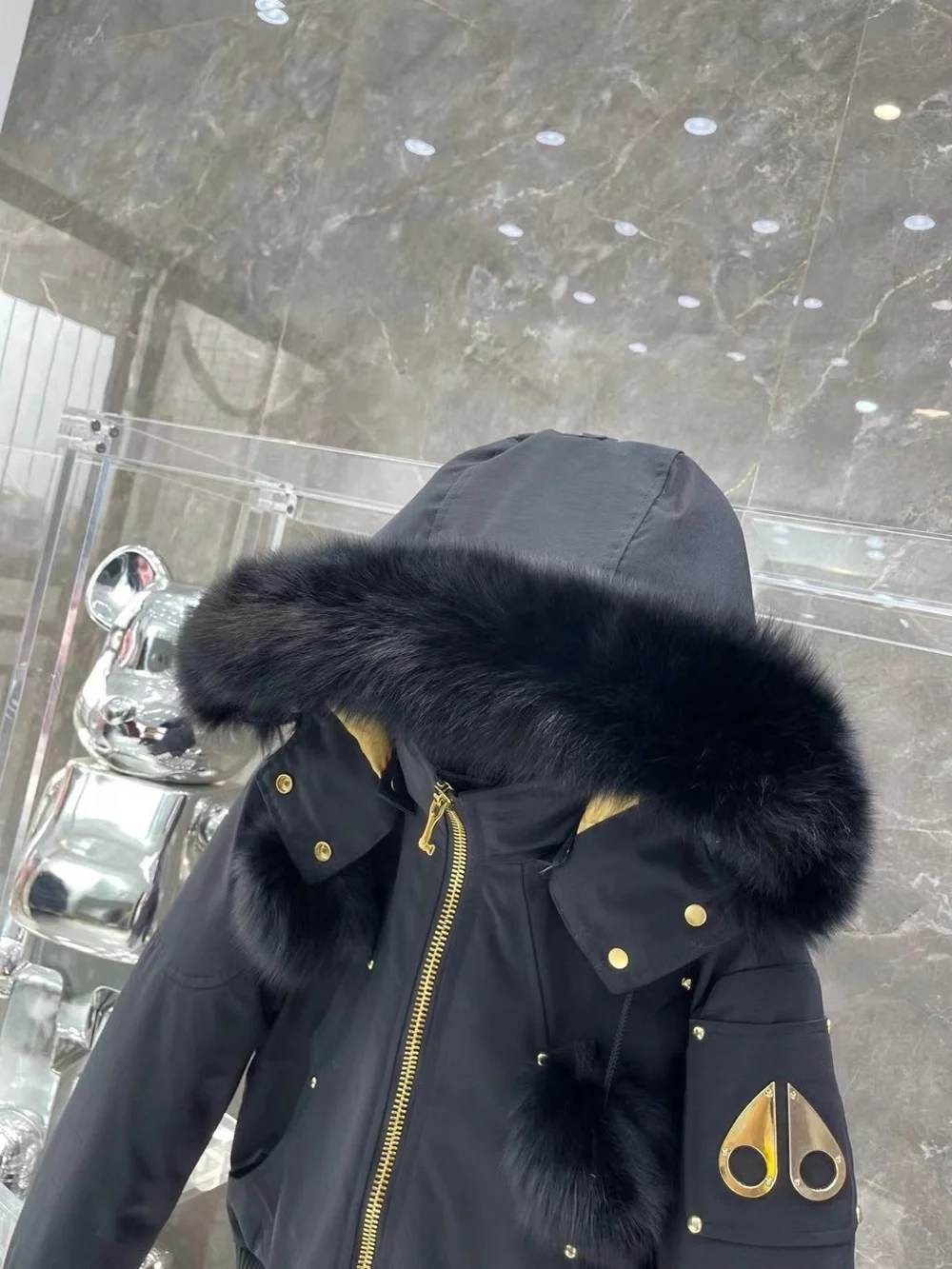 Moose Knuckles Black Hooded Puffer Jacket with Gold Lining